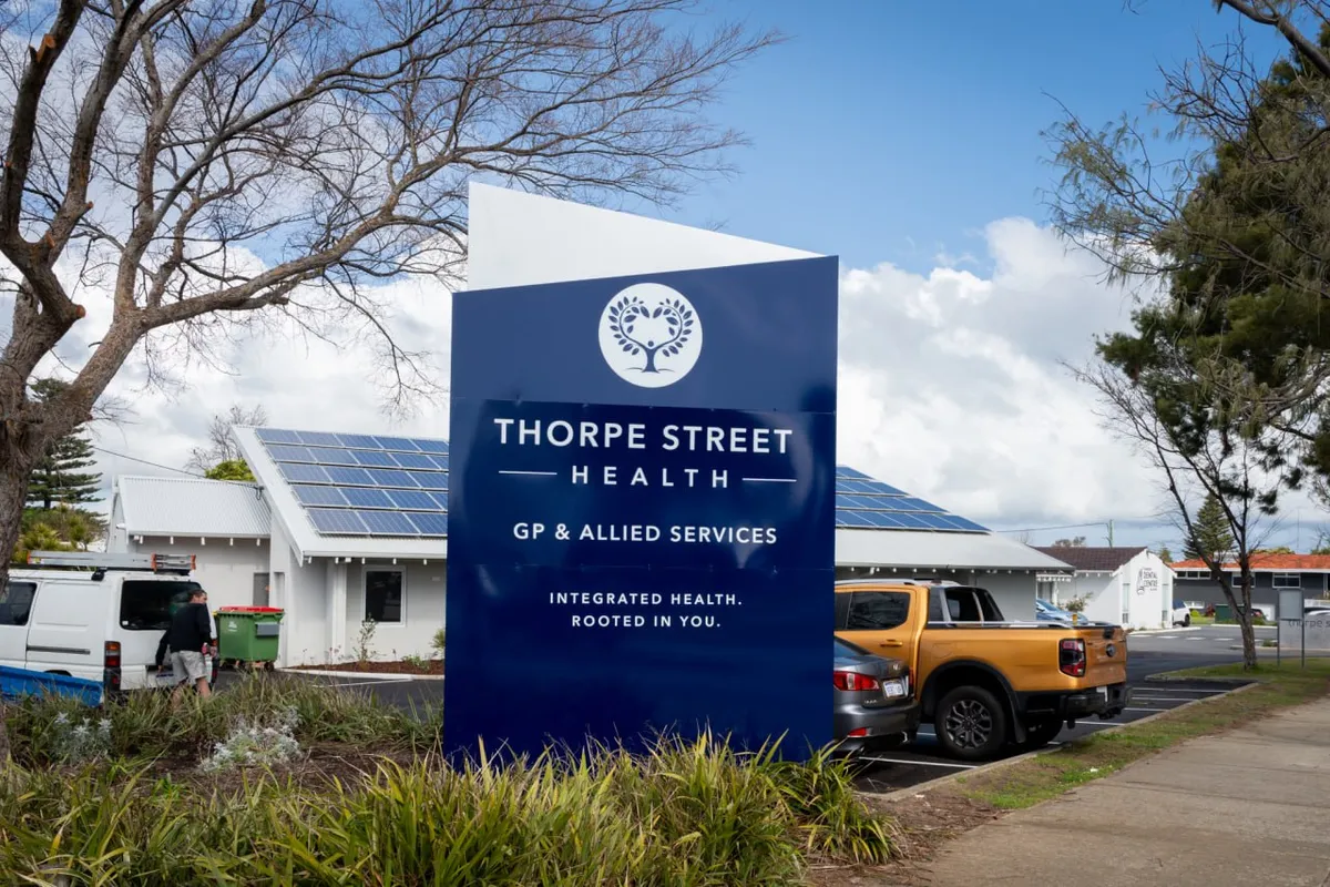 The street sign outside Thorpe Street Health on Thorpe Street