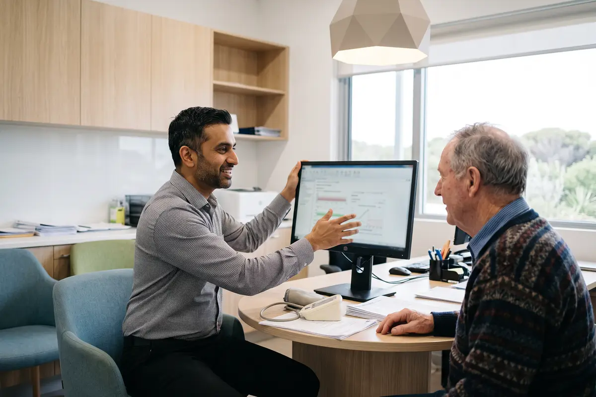 A GP going through a long-term care plan on screen with an older patient at Thorpe Street Health