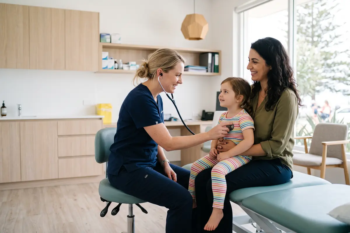 A GP listening to a young child's chest while the child sits on their parent's lap at Thorpe Street Health
