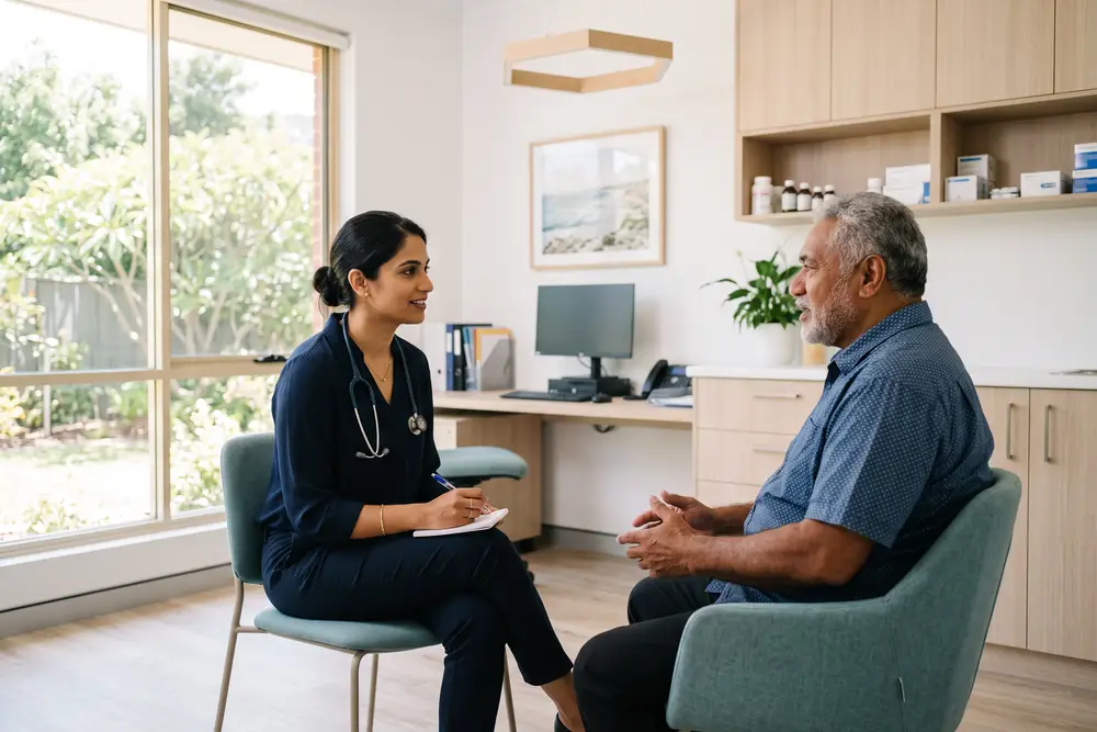 A doctor in conversation with a patient in a consulting room at the clinic