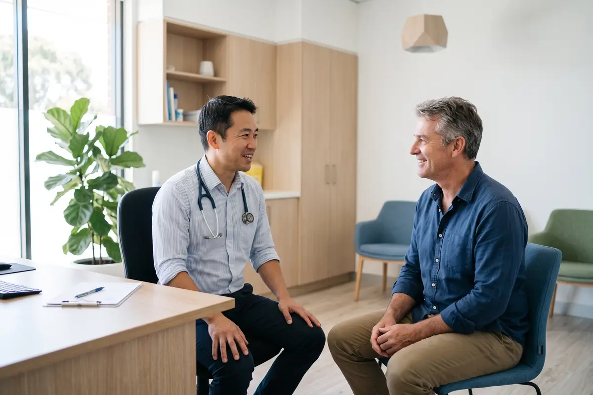 A GP in conversation with a patient in a consulting room at the clinic