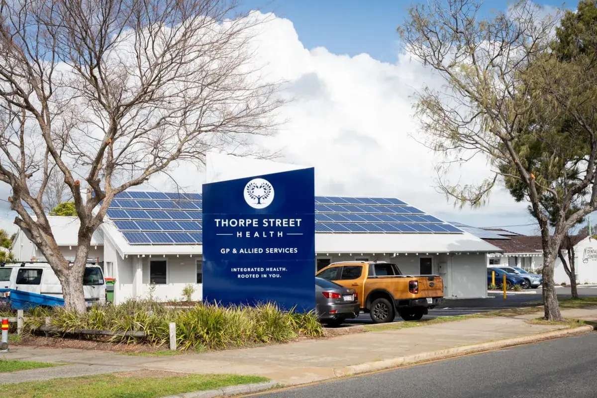 The Thorpe Street Health sign at the front of 57 Thorpe Street, Rockingham