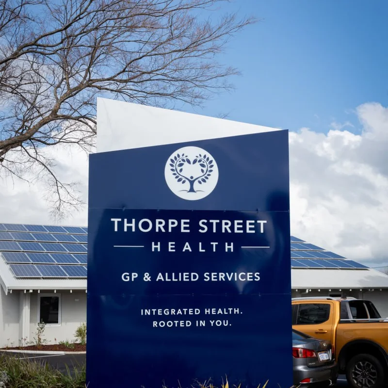 The Thorpe Street Health sign outside the practice on 57 Thorpe Street