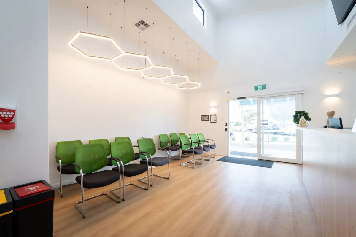 The waiting room at Thorpe Street Health, looking out to the entrance
