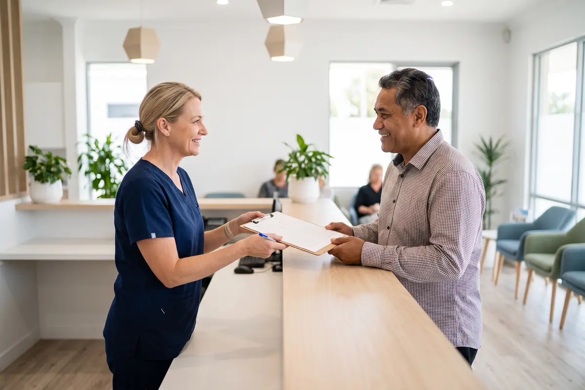 A patient being helped at the reception counter at Thorpe Street Health