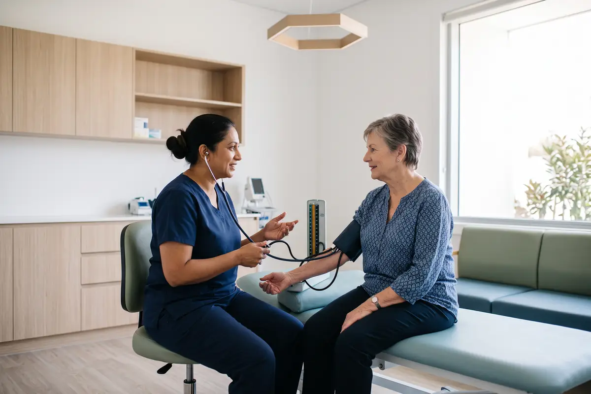 A practice nurse carrying out a health check with a patient at Thorpe Street Health