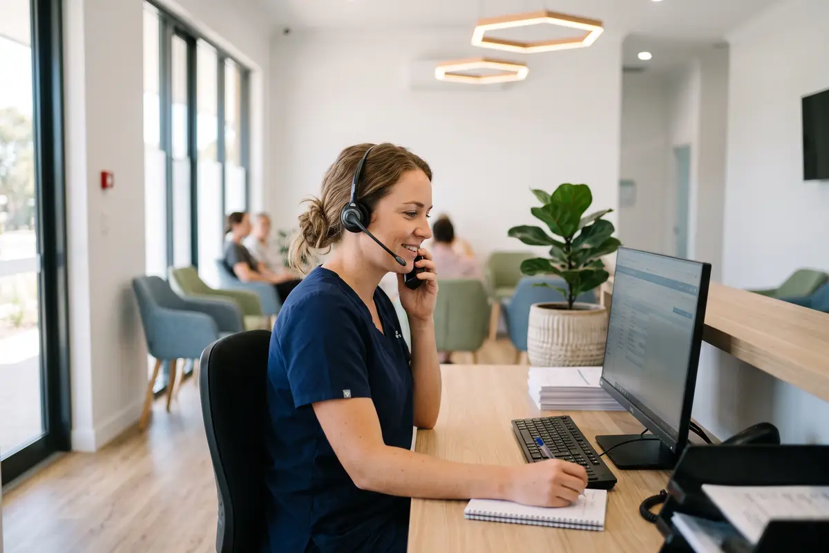 A receptionist taking a patient call at Thorpe Street Health