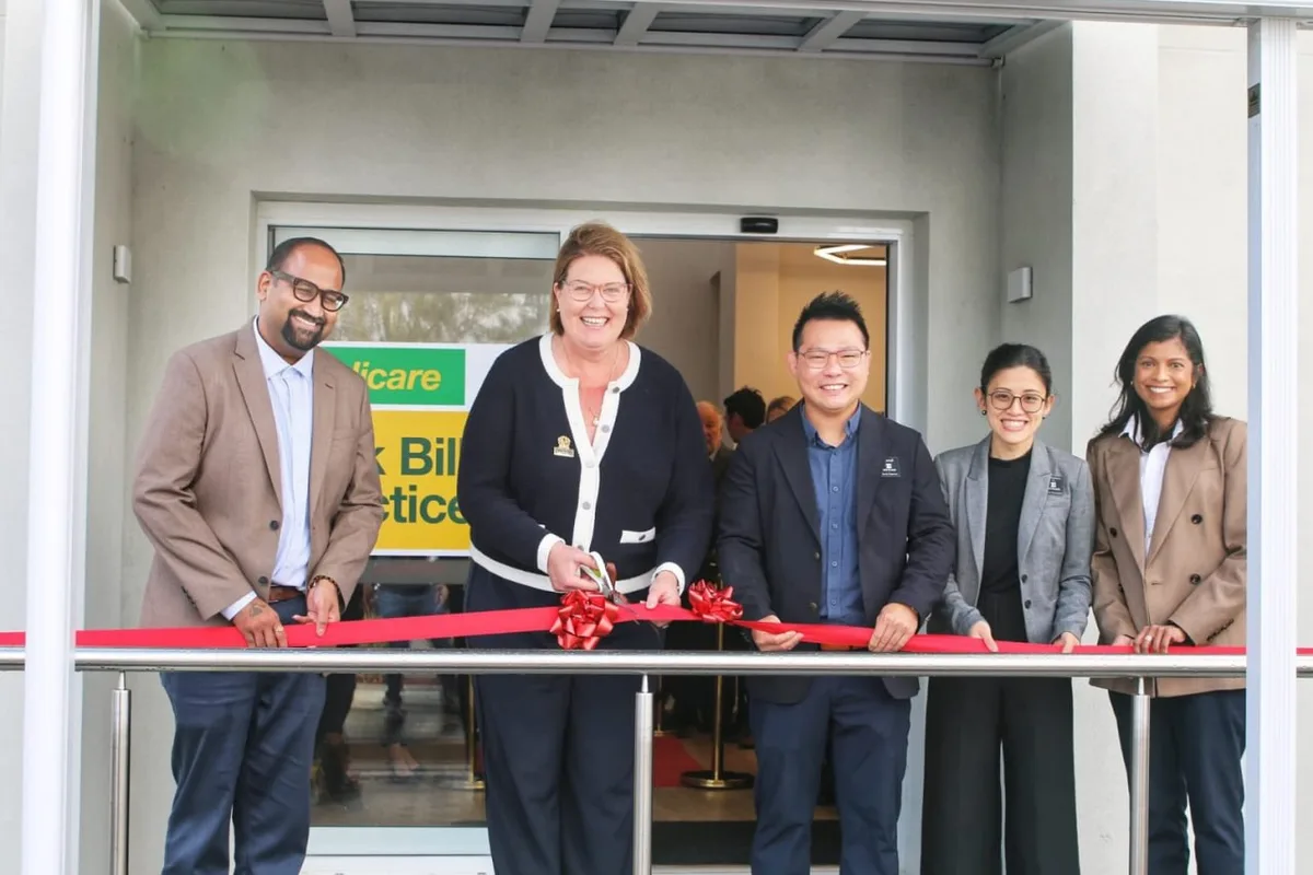 Rockingham Mayor Lorna Buchan cutting the ribbon at the opening of Thorpe Street Health, with Dr Ashwin Menon, Clyve Tan and Dr Ranjitha Ananda Kumar