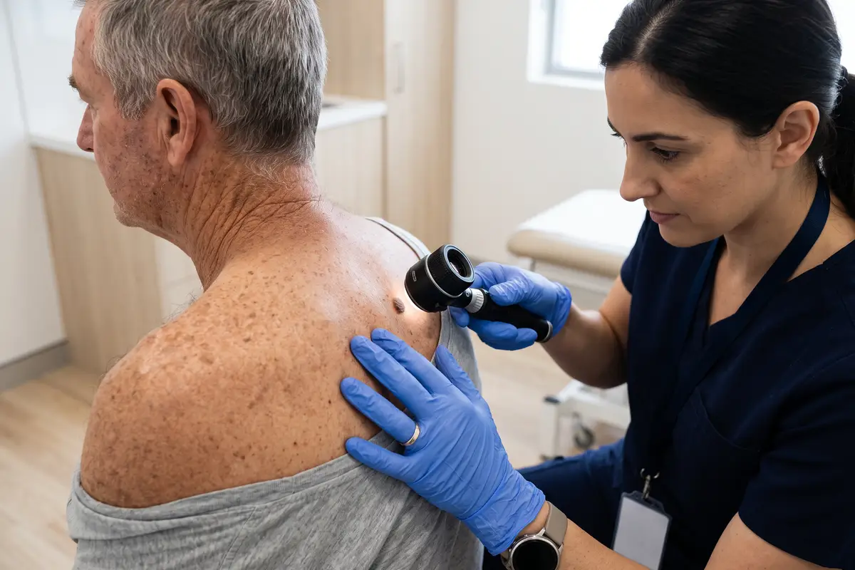 A clinician examining a patient's skin with a dermatoscope during a skin check at Thorpe Street Health