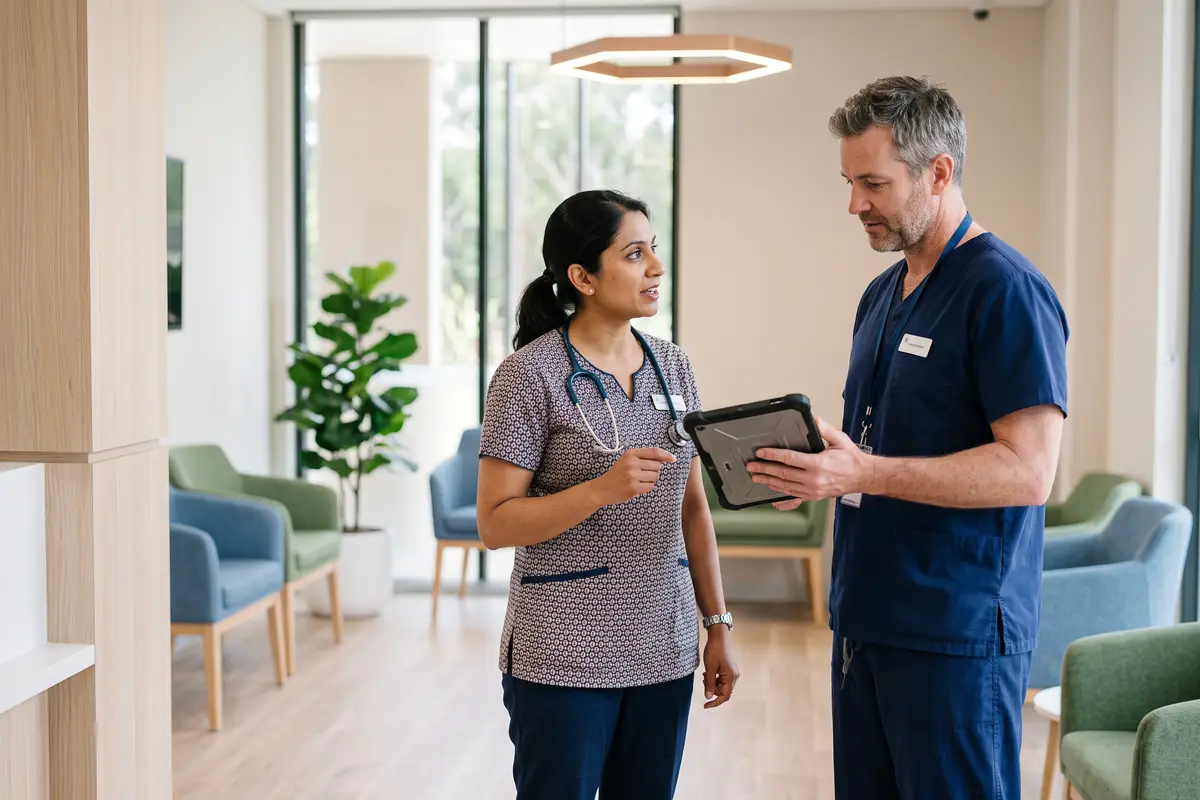 Two clinicians talking through a patient's care at the clinic