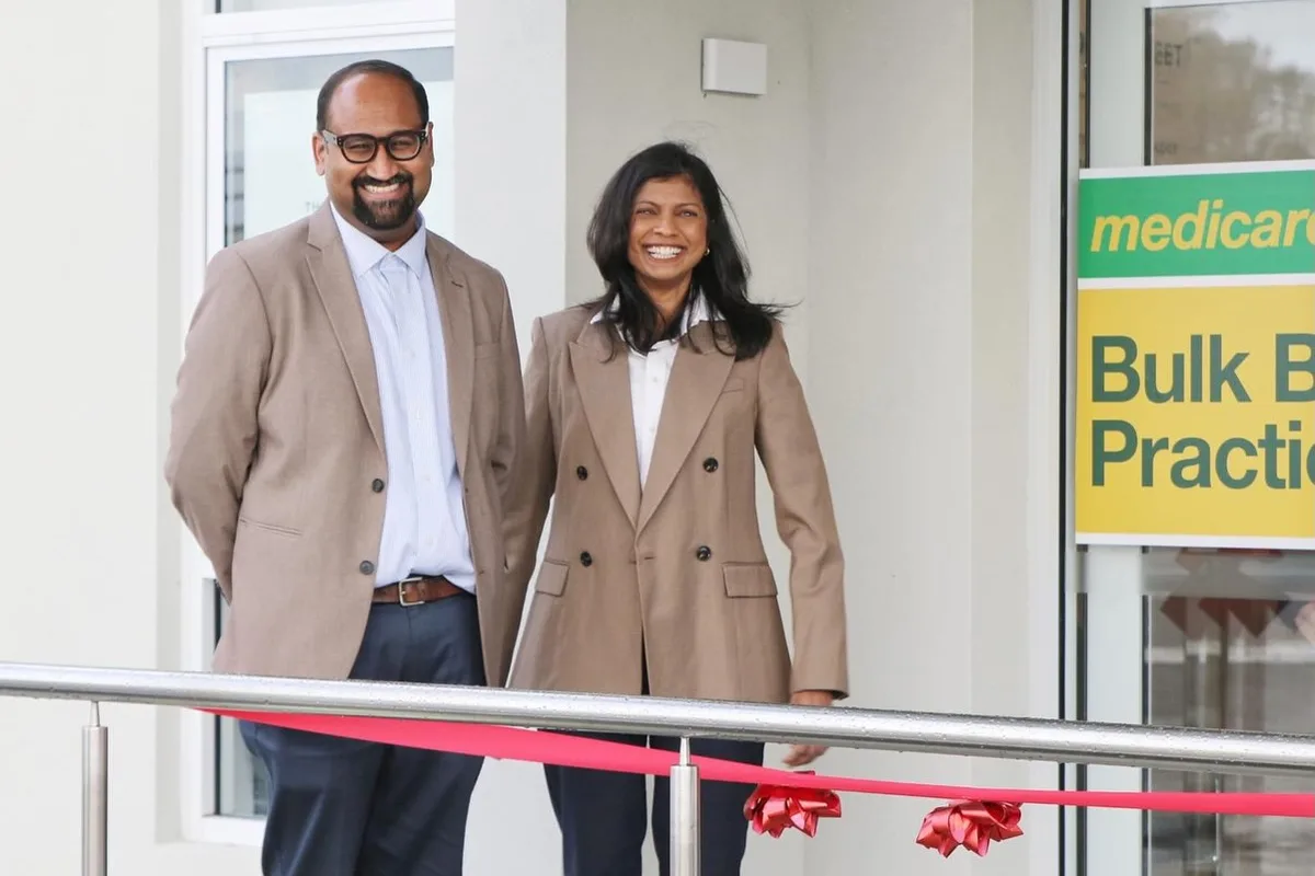 Dr Ashwin Menon and Dr Ranjitha Ananda Kumar at the entrance to Thorpe Street Health on opening day