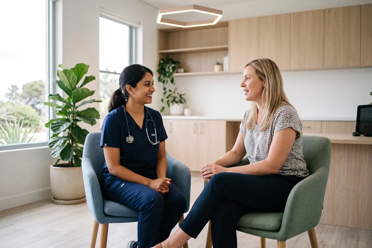 A female GP in conversation with a woman during a womens health appointment at Thorpe Street Health